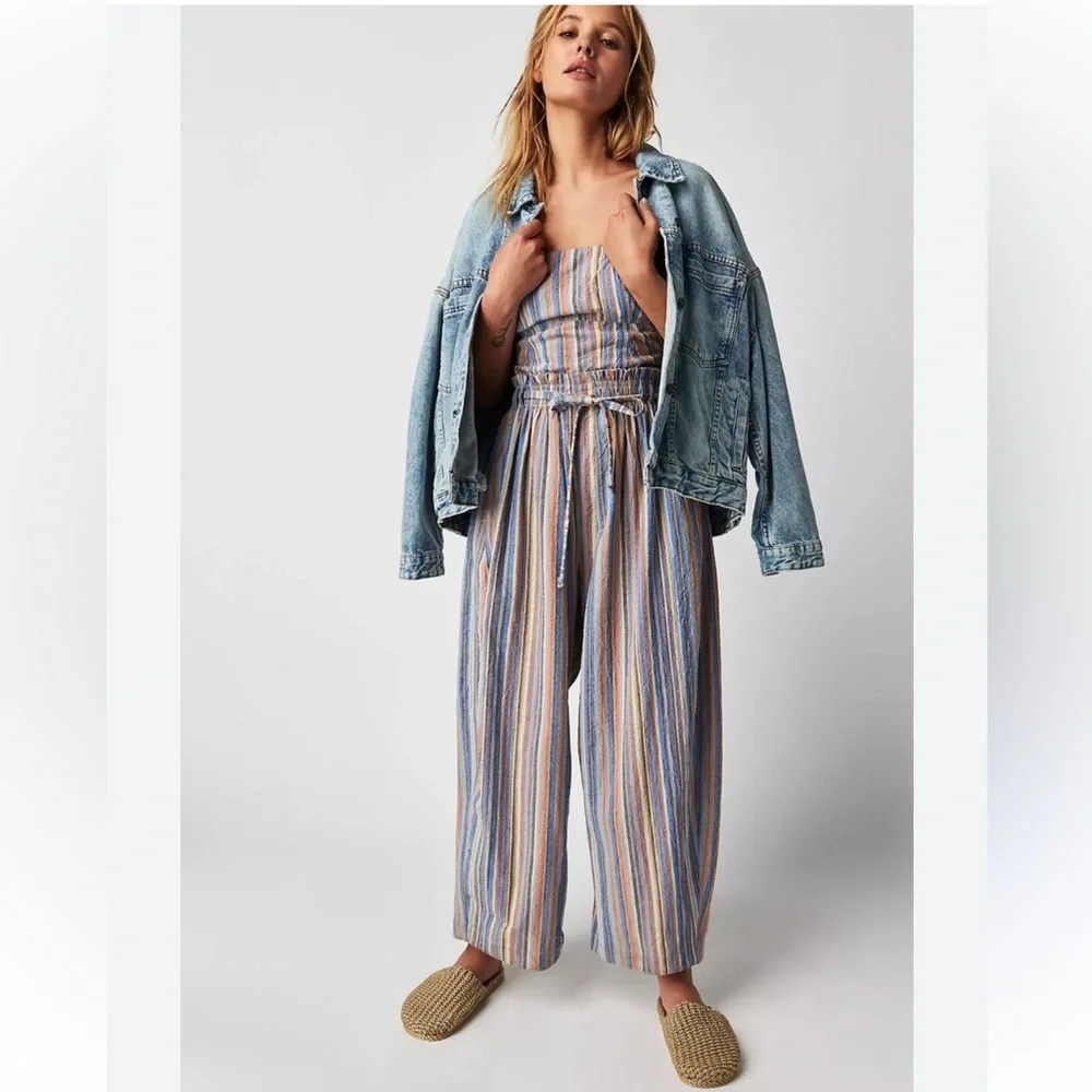 Free People Roaming Shores Striped Strapless Jumpsuit Size L - Picture 1 of 14
